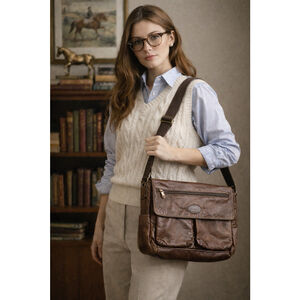 Fossil Brown Leather Messenger Bag Briefcase Shoulder Strap Laptop Work Pockets